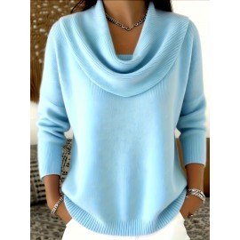 Christmas Green Elegant Long Sleeve Cowl Neck Sweater - Solid Color Minimalist Top, Women'S Winter Warm Pullover