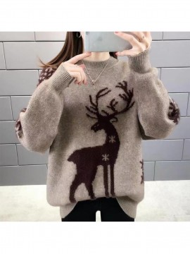 Women'S Elegant Deer Jacquard Sweater - Soft Round Neck Loose Fit Winter Sweater with Deer & Foliage Pattern, Cozy Fall Winter Sweater for Casual & Semi-Formal Outfits, Korean Fashion Style (GreenBrown) - Versatile Layering Piece