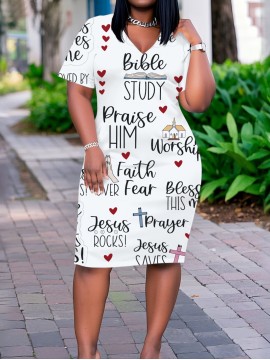 Plus Size Women's Christian Faith Dress - V-Neck Short Sleeve Church Dress with Verse Prints, Casual Loose Fit Short for Worship, Wedding Guest & Casual Attire (No Padding/)