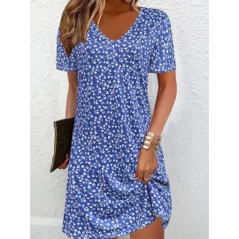Women's Floral Print Casual Vacation Dress - Sleeveless Round Neck Mid-Length Flared Skirt, Relaxed Fit Machine-Washable All-Season Blue & White Dress for Beach Outings & Summer Strolls, Beach Dresses, Summer Fashion, Mediumstretch Fabric, Spring Outfit, Breathable Material, Spring Wardrobe