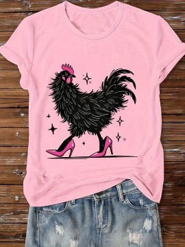 Women'S Red Cartoon Rooster & Stars Print T-Shirt - Loose Fit Crew Neck Short Sleeve, Breathable Summer Top with & Pink Rooster Design, Casual & Party Wear, Machine Washable Soft Everyday Shirt for Women