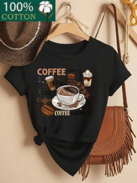 Women's 100% Coffee Lover's T-Shirt - Funny Coffee Cup & Beans Print with Cappuccino, Latte, Mocha, Espresso & Turkish Coffee Design - Casual Loose Fit Short Sleeve Round Neck Green & White Coffee-Themed Apparel for Casual Attire & Coffee Lovers Gift
