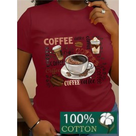 Women's 100% Coffee Lover's T-Shirt - Funny Coffee Cup & Beans Print with Cappuccino, Latte, Mocha, Espresso & Turkish Coffee Design - Casual Loose Fit Short Sleeve Round Neck Green & White Coffee-Themed Apparel for Casual Attire & Coffee Lovers Gift