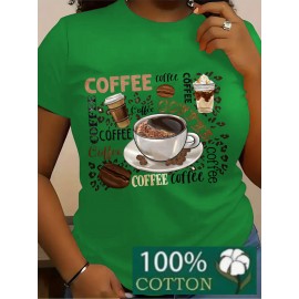 Women's 100% Coffee Lover's T-Shirt - Funny Coffee Cup & Beans Print with Cappuccino, Latte, Mocha, Espresso & Turkish Coffee Design - Casual Loose Fit Short Sleeve Round Neck Green & White Coffee-Themed Apparel for Casual Attire & Coffee Lovers Gift