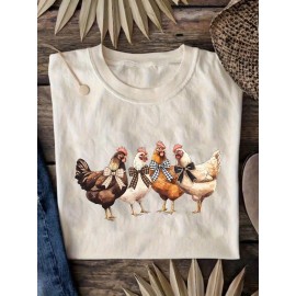 Women's Turquoise Blue Short Sleeve T-Shirt - Soft Pure Round Neck Top with Chicken Print (Hens & Bow Tie Design) - Casual & Party Wear for Spring Summer Fall - Comfortable Colors Everyday Blouse