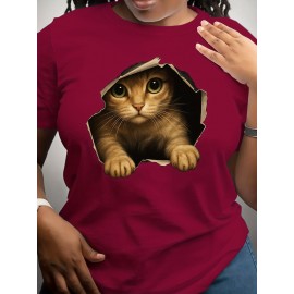 [Cute Orange Kitten T-Shirt] Lightweight Comfortable Fit Women's Cute Orange Kitten Peeking from Torn Hole Graphic T-Shirt - Red Casual Everyday Tee for Pet Lovers - Medium Elasticity Fabric Spring Summer Apparel