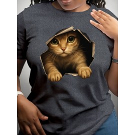 [Cute Orange Kitten T-Shirt] Lightweight Comfortable Fit Women's Cute Orange Kitten Peeking from Torn Hole Graphic T-Shirt - Red Casual Everyday Tee for Pet Lovers - Medium Elasticity Fabric Spring Summer Apparel