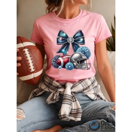 Local delivery - One piece Women's printed T-shirt -100% casual round neck short sleeved top with rugby elements, breathable and comfortable, suitable for match days, parties and daily wear, machine washable, all season casual clothing - perfect for