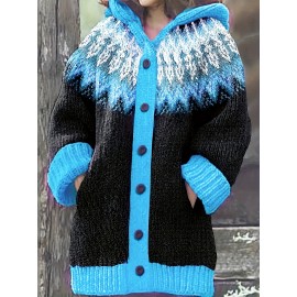 Plus Size, 2D FLAT PATTERN Soft Jacquard Glacier Snow Mountain Hooded Cardigan, Elegant, Fashionable, Comfortable, Casual And Retro Hooded Coat